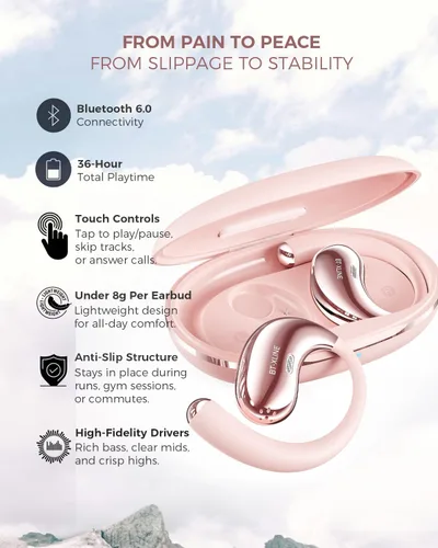 Miniatura 4 de Auriculares Bluetooth de oreja abierta, Bluetooth 6.0, auriculares de oreja abierta, tiempo de reproducción de 36 horas, gancho flexible para Rosa