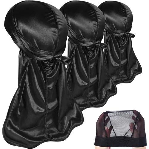 Miniatura 18 de Paquete de 3 piezas de durags sedosas para ondas de hombres, de regalo 1 gorra para marcar las ondas, talla única