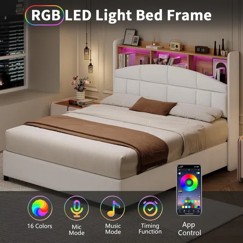 Miniatura 2 de REVOMINCA Base de cama de tamaño matrimonial con cabecero, base de cama tapizada de terciopelo con luces LED, plataforma de tamaño matrimonial