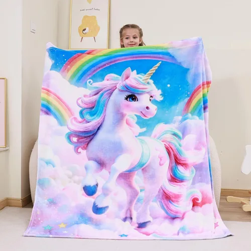 Miniatura 9 de Softan Manta Decorativa de Unicornios para Niños que Brilla en la Oscuridad, Regalos de Manta para Niños y Niñas, Manta de Franela Suave y Acogedora