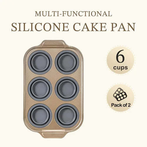 Miniatura 2 de Paquete de 2 moldes plegables de silicona antiadherentes, 6 tazas para hornear magdalenas, mordedura de huevo, brownies. Fácil de reventar