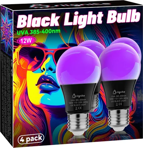 Bombillas Briignite de luz negra, 12 W LED de luz negra para decoración de Halloween, foco UVA 385-400 nm, foco negro A19 para brillar en la UV