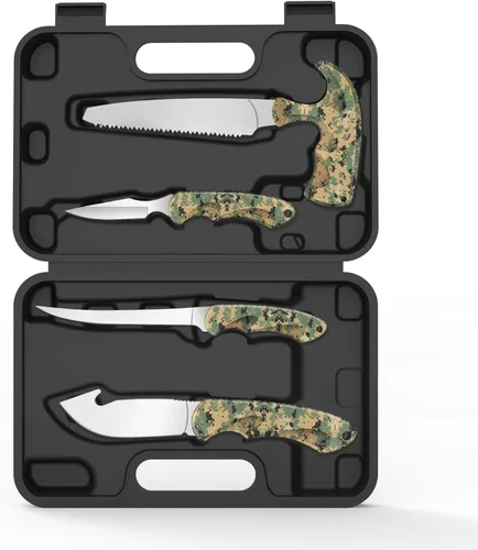 Jellas Kit de cuchillos de caza, juego de 6 cuchillos de acero inoxidable con gancho intestinal, desollado, deshuesado, sierra, guantes y estuche