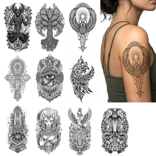 Tatuajes temporales para mujeres y hombres, 10 hojas egipcias impermeables realistas de tatuajes falsos, diseño de faraón Ankh ojo de Horus,