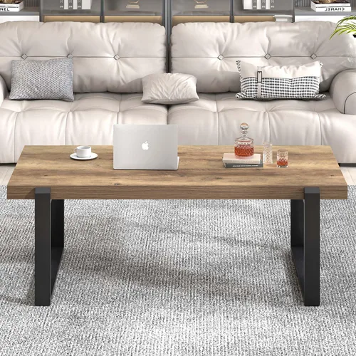 Miniatura 7 de FOLUBAN - Mesa de café rústica, mesa central industrial moderna de madera y metal para sala de estar, 47 pulgadas de roble