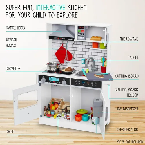 Miniatura 6 de Lil' Jumbl Juego de cocina pequeño blanco para niños, cocina de madera de simulación, incluye campana extractora, microondas, estufa, horno que hace
