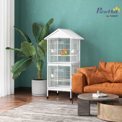 Miniatura 2 de PawHut Comedero de jaula de pájaros de metal forjado con soporte rodante, posaderas, contenedores de alimentos, puertas, ruedas, 67 pulgadas