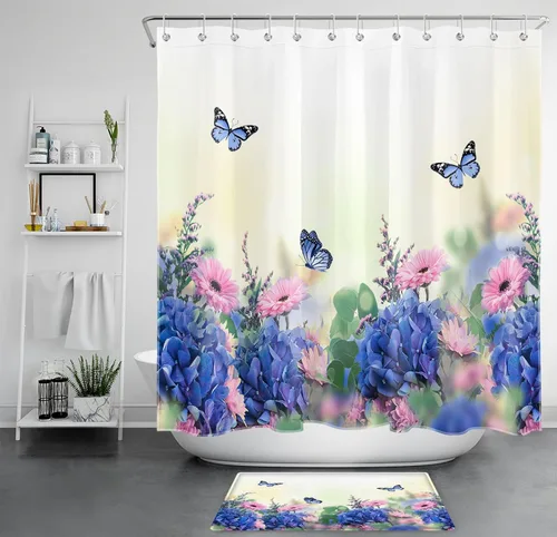Miniatura 27 de LB Juego de cortinas de ducha de mariposa y flores con alfombras, margaritas y morado lavanda, hojas de eucalipto, cortina de ducha verde