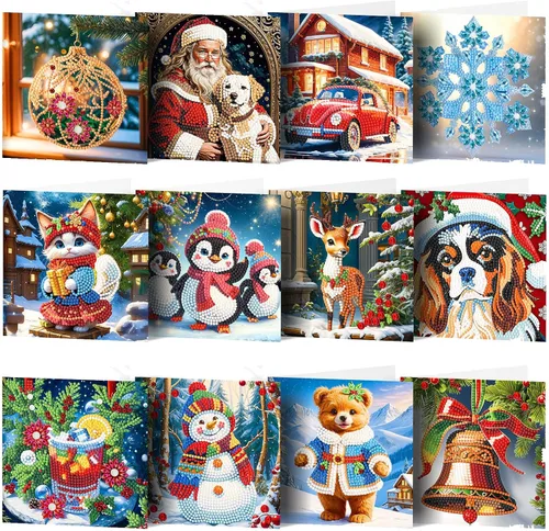 Miniatura 23 de LUSandy Paquete de 12 tarjetas de Navidad con pintura de diamante 5D para adultos, tarjetas de felicitación de arte con diamantes para gatos