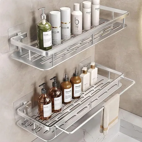 Miniatura 8 de EVALAND Paquete de 2 soportes adhesivos para ducha con ganchos y barra para toallas, color negro, estantes de ducha de baño de alta calidad
