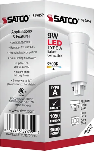 Miniatura 4 de Satco S29859 - Bombilla LED PL de 9 W, base G24q, vertical de 4 pines, 3500 K