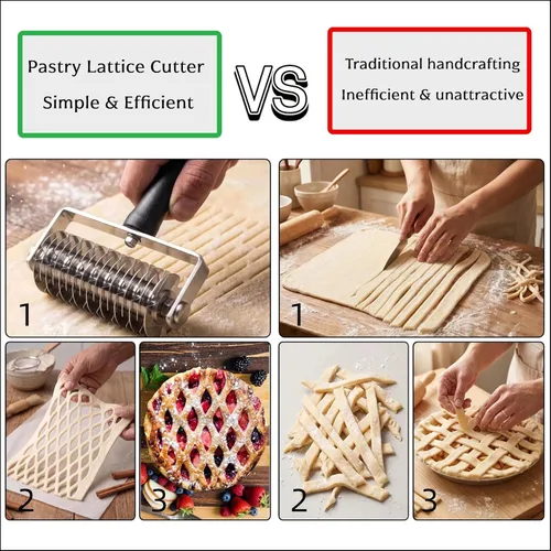 Miniatura 3 de Cortador de rodillos de repostería - Cortador de rodillo de acero inoxidable profesional para pasta de celosía para tarta, pizza, pan, corteza