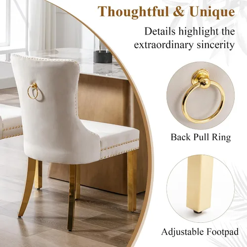 Miniatura 5 de civama Juego de 2 sillas de comedor de la colección Nikki de terciopelo, tapizadas, modernas, de lujo, copetudas, con ribete de clavos, anillo Beige