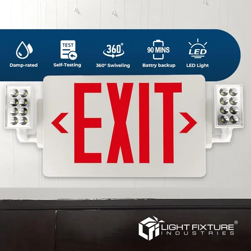 Miniatura 8 de LFI Lights Thin COMBO UL 924 Listed, LED rojo, señal de salida con luces de emergencia, blanco, 120-277 VCA cableada con batería de respaldo, doble