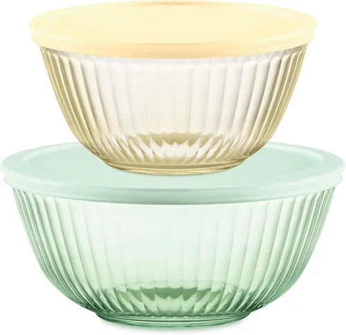 Pyrex Colors - Paquete de 2 recipientes de vidrio tallado de color para mezclar con tapa, pequeño/mediano, apilables para ahorrar espacio, preparar