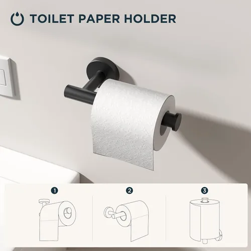Miniatura 4 de FORIOUS 4 accesorios de baño, soporte para papel higiénico de acero inoxidable SUS304, anillo para toalla y 2 ganchos para toallas, juego de Negro