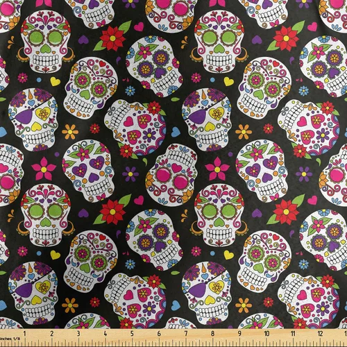 Miniatura 150 de Ambesonne The Yard, tela de calavera colorida con temática de Halloween, diseño de calavera y huesos cruzados, divertido estampado de dibujos
