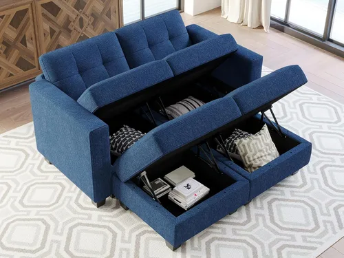 Miniatura 3 de Belffin Sofá modular modular con otomana de almacenamiento, sofá moderno en forma de L de tela con diván para espacios pequeños, azul