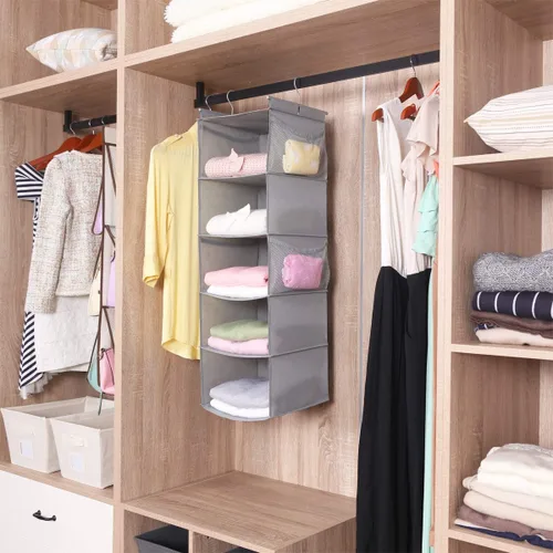 Miniatura 8 de MAX Houser Organizador colgante de armario con 5 estantes, ahorra espacio, estantes colgantes con (4) bolsillos laterales, plegable, gris claro