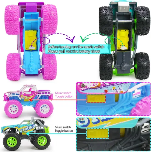 Miniatura 5 de Pink Toys Auto para niña pequeña, paquete de 2 camiones de juguete Push and Go de 6.3 pulgadas para niños de 3, 4, 5, 6 años, con luces LED, música