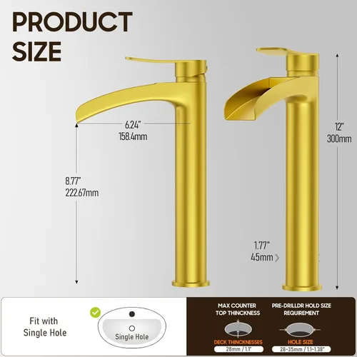 Miniatura 4 de Phiestina NS-SF01-BG-V - Grifo de fregadero alto de baño de oro cepillado, llave única de un solo agujero, cascada moderna, con drenaje desplegable