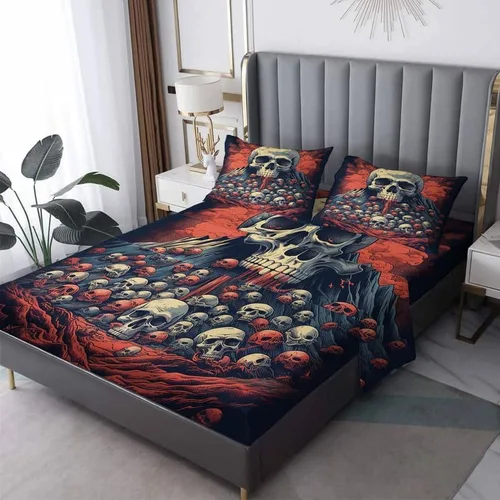 Miniatura 9 de Juego de sábanas de calavera tamaño individual, sábanas de microfibra suave con bolsillo profundo, sábanas y fundas de almohada estampadas sin
