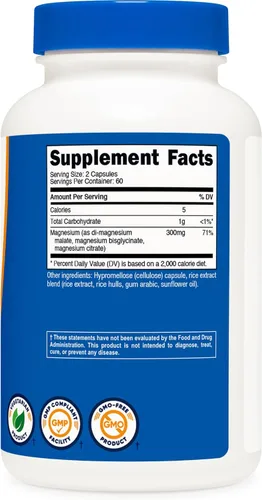 Miniatura 4 de Nutricost Complejo triple de magnesio (300 mg, 120 cápsulas) - de malato de di-magnesio, bisglicinato y citrato, 60 porciones