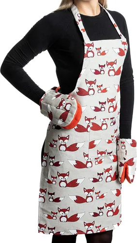 Delantal de cocina de lino con 2 guantes cortos para horno, delantales de cocina con bolsillo frontal para mujeres y hombres con bonito diseño de