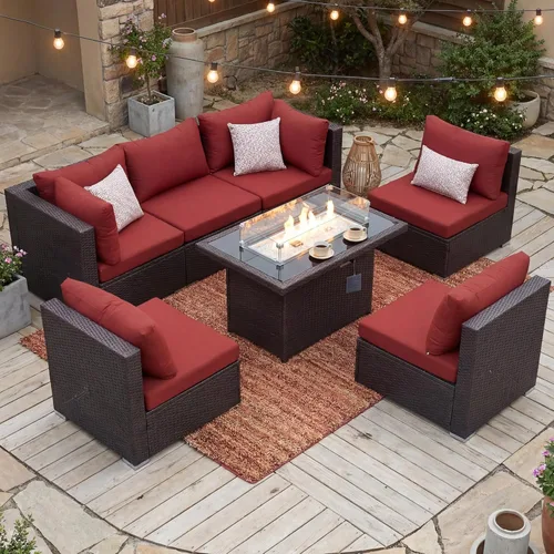 Miniatura 31 de BULEXYARD Juego de muebles de patio de respaldo alto de 7 piezas con mesa de fogata de combustible dual propano/gas natural, sofá seccional