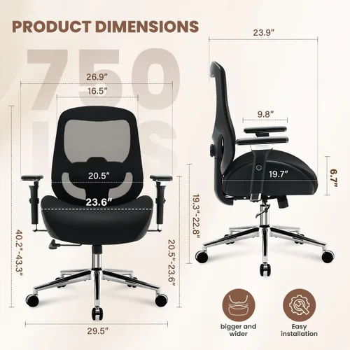 Miniatura 3 de Silla de oficina grande y alta de 700 libras para personas pesadas, silla de escritorio ergonómica de malla con cojín ancho y grueso, soporte lumbar