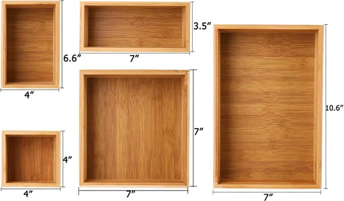 Miniatura 2 de Lawei Juego de 5 cajas organizadoras de cajones de bambú, kit de caja de almacenamiento de escritorio, contenedores de almacenamiento de cajones