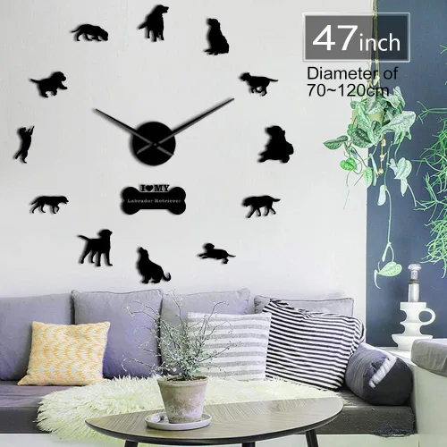 Miniatura 2 de The Geeky Days Labrador Retriever Perro Grande DIY Reloj de Tiempo 3D autoadhesivo Animales Cachorro Decoración de pared (negro)