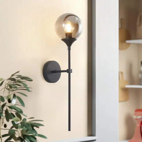 Miniatura 4 de KCO Lighting - Moderna lámpara de pared con globo de vidrio gris ahumado, aplique de pared negro mate delgado, lámpara de pared industrial vintage