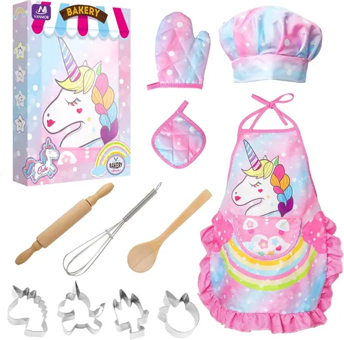 Miniatura 8 de Vanmor Juego de cocina y hornear de unicornio para niños, 11 delantales para niñas, sombrero de chef y delantal rosa, guante y utensilio