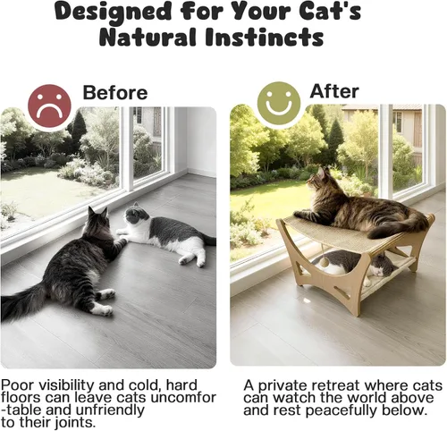 Miniatura 6 de Cama hamaca para gatos de doble capa, camas elevadas de madera para gatos con alfombrilla rascador de sisal natural, cama rascador para gatos