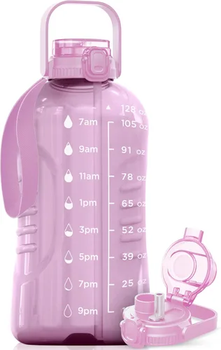 Miniatura 15 de AQUAFIT Botella de agua de 128 onzas con marcador de tiempo, popote 2 en 1 y tapa para beber, botella de agua grande para gimnasio sin BPA