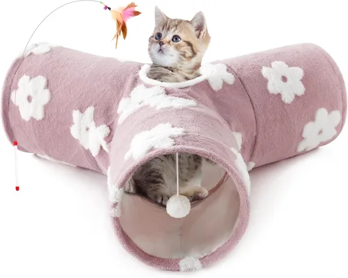 Miniatura 17 de Tempcore Túnel para gatos con tubo de juguete, túneles plegables de 3 vías para gatos, túneles para mascotas aburridas con agujero y pelota, juguete