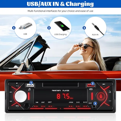 Miniatura 3 de Radio estéreo multimedia Bluetooth de un solo DIN, reproductor de MP3 de audio para automóvil, compatible con llamadas manos libres/USB/FM/TF/AUX