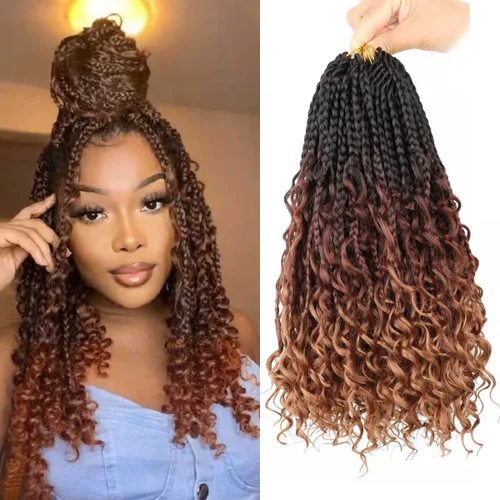Miniatura 21 de LMZIM 18 Pulgadas Trenzas de Caja Bohemias 8 Paquetes Trenzas de Caja de Diosa Bohemia Cabello de Ganchillo con Puntas Rizadas Cabello de Ganchillo