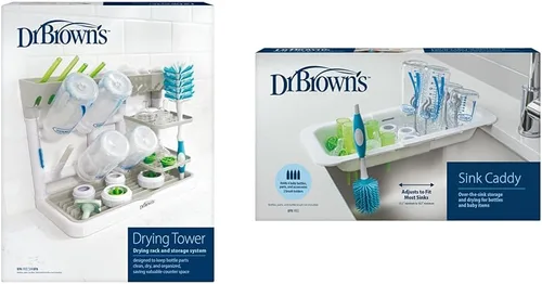 Miniatura 17 de Dr. Brown's Torre de secado de biberones, estante de secado alto, organizador de fregadero azul/blanco para biberones y piezas con dos soportes