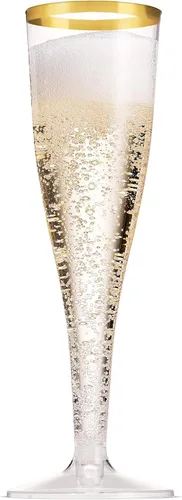 Miniatura 5 de Munfix Paquete de 50 copas de champán de plástico con borde dorado de 5 onzas, copas de plástico transparentes para tostar, elegantes, desechables