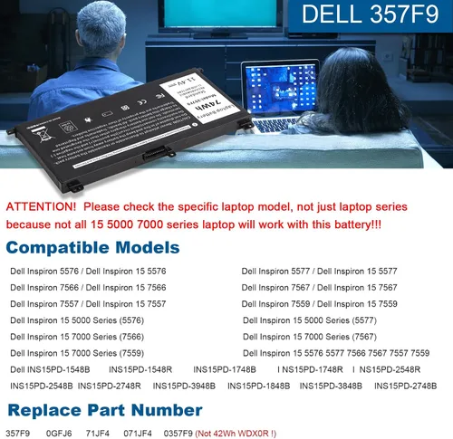 Miniatura 6 de Fancy Buying 74Wh 0GFJ6 357F9 - Batería para portátil Dell 15 7000 7559 7567 7566 7759 7557 5577 INS15PD Series P57F P57F003 P65F P65F001 71JF4 0