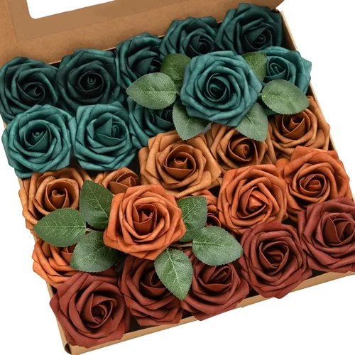 Ling's moment Flores artificiales, 25 rosas de 3 pulgadas en tonos verde azulado, decoración floral de espuma realista para ramos de boda/centros de