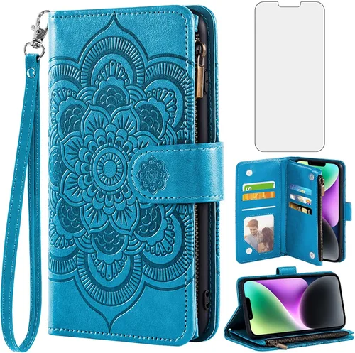 Asuwish Funda de teléfono para iPhone 14 de 6.1 pulgadas con protector de pantalla de vidrio templado y soporte de tarjeta de crédito con tapa de