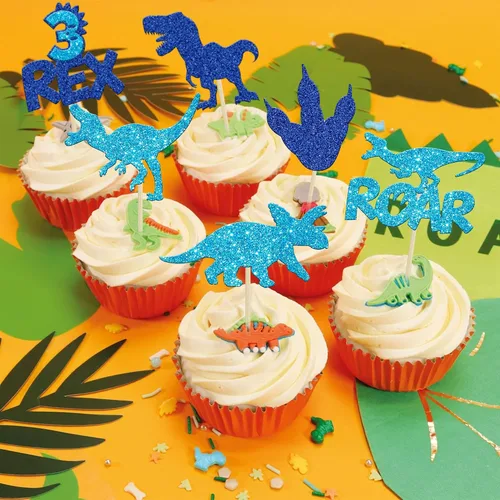 Miniatura 8 de Gyufise 24 piezas de adornos de dinosaurios con purpurina azul 3 Rex Roar Dinosaur Cupcake Picks Three Years Old Dino Theme Baby Shower 3er Birthday