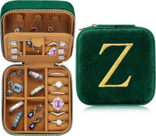 Parima Joyero de viaje de terciopelo de felpa, joyero pequeño, organizador de joyas de viaje con iniciales personalizadas, cajas de joyería para