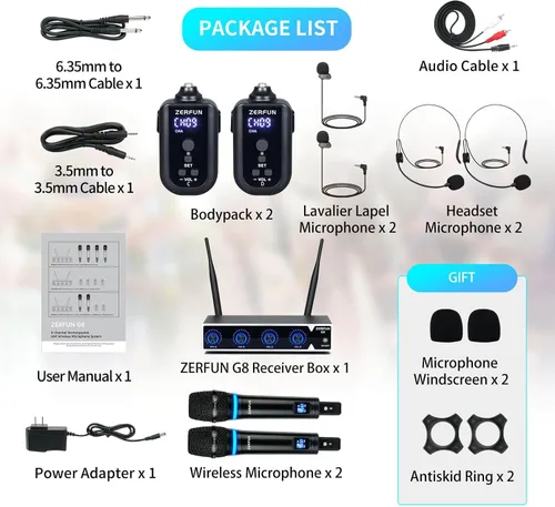 Miniatura 7 de Sistema de Micrófono Inalámbrico Recargable de 4 Canales, Micrófono de Mano de Metal UHF Profesional con Auriculares y Micrófono de Solapa Lavalier