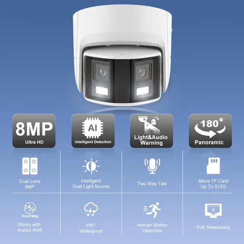Miniatura 3 de Anpviz Cámara de seguridad PoE de doble lente 4K/8MP para exteriores, gran angular de 180 grados, cámara panorámica IP con cable de 180°