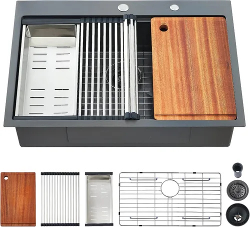 Fregadero de cocina con plato individual con tabla de cortar, 30 x 22 x 10 pulgadas, color negro plomizo, acero inoxidable calibre 16 Negro