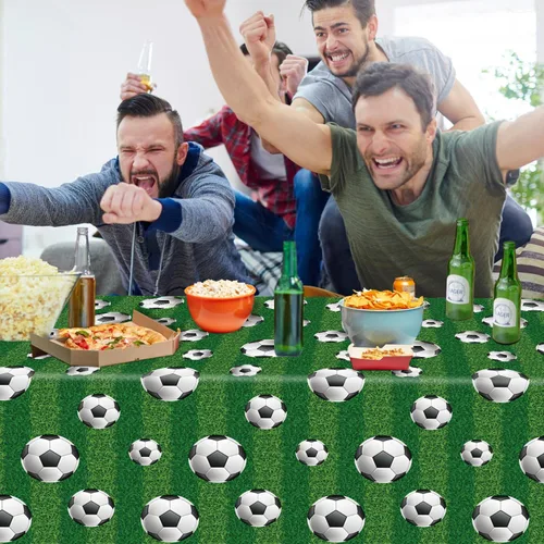 Miniatura 3 de Paquete de 4 manteles para fiesta de fútbol, manteles deportivos rectangulares de plástico, fundas de mesa para fiestas temáticas deportivas